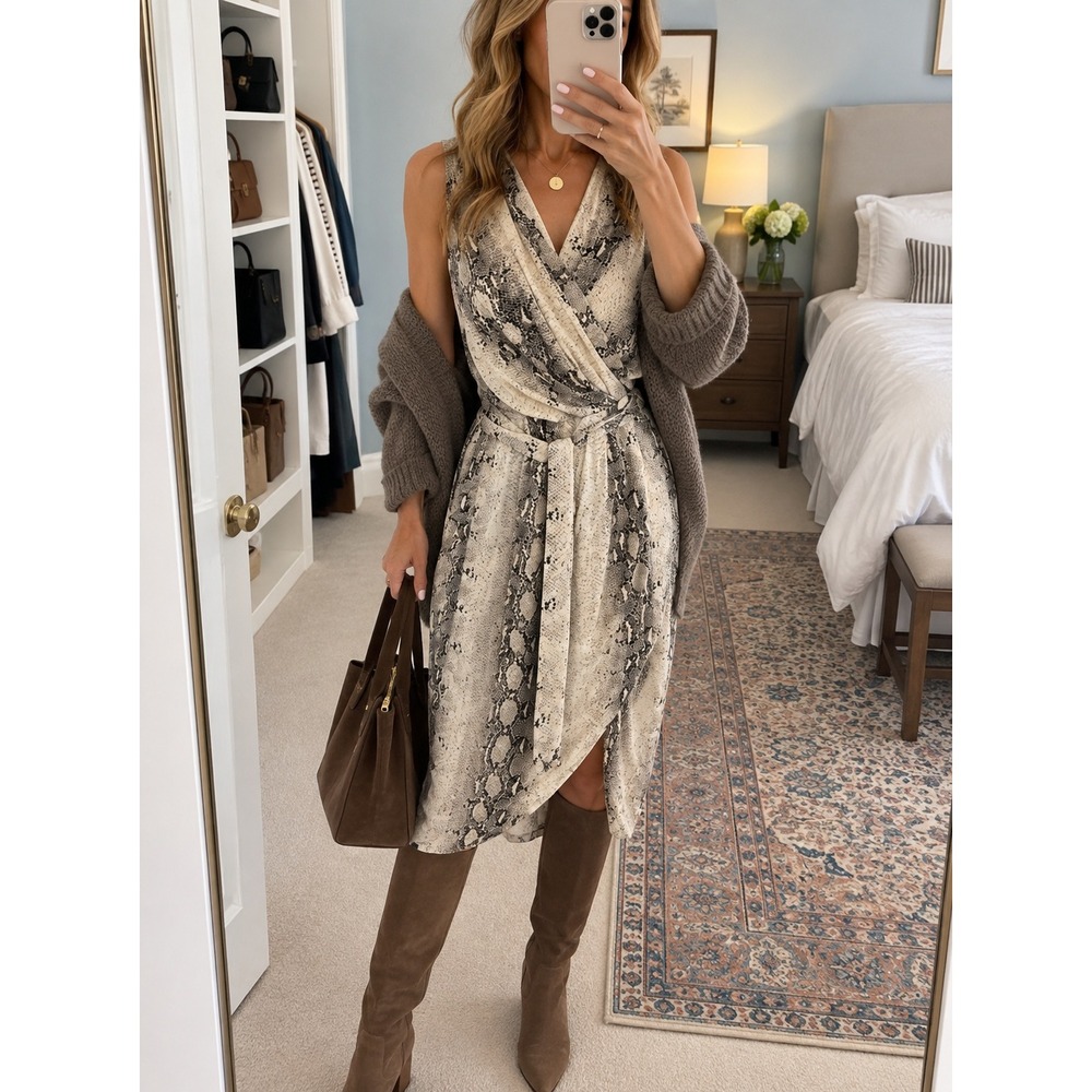 Paper Heart Snakeskin Print Draped Faux Wrap Midi Dress Size Large (US Medium)